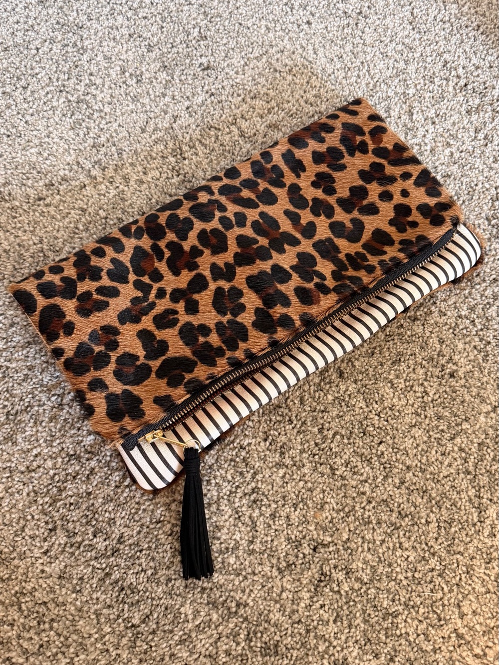 Leopard Print Fold-Over Clutch with Tassel